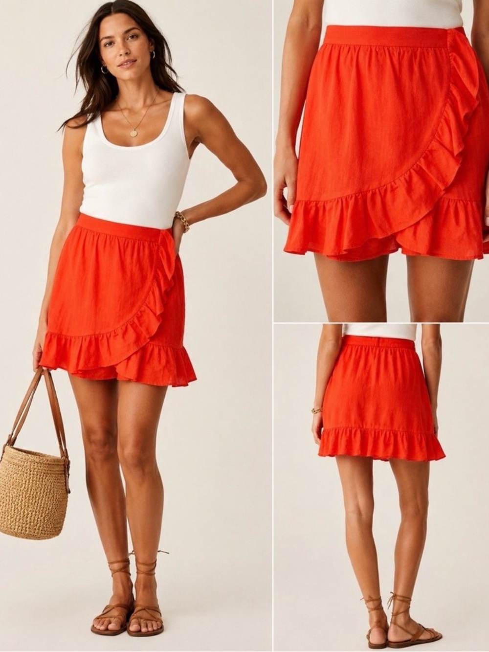 J.Crew Linen Wrap Ruffle Mini Skirt 6 Orange Coastal Resort Vacation Summer L07